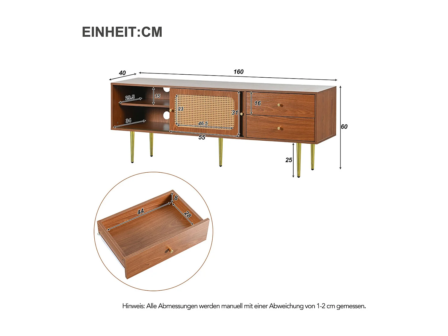 Stijlvolle tv-meubel van walnoothout met rotandeuren en lades - 160x40x60cm