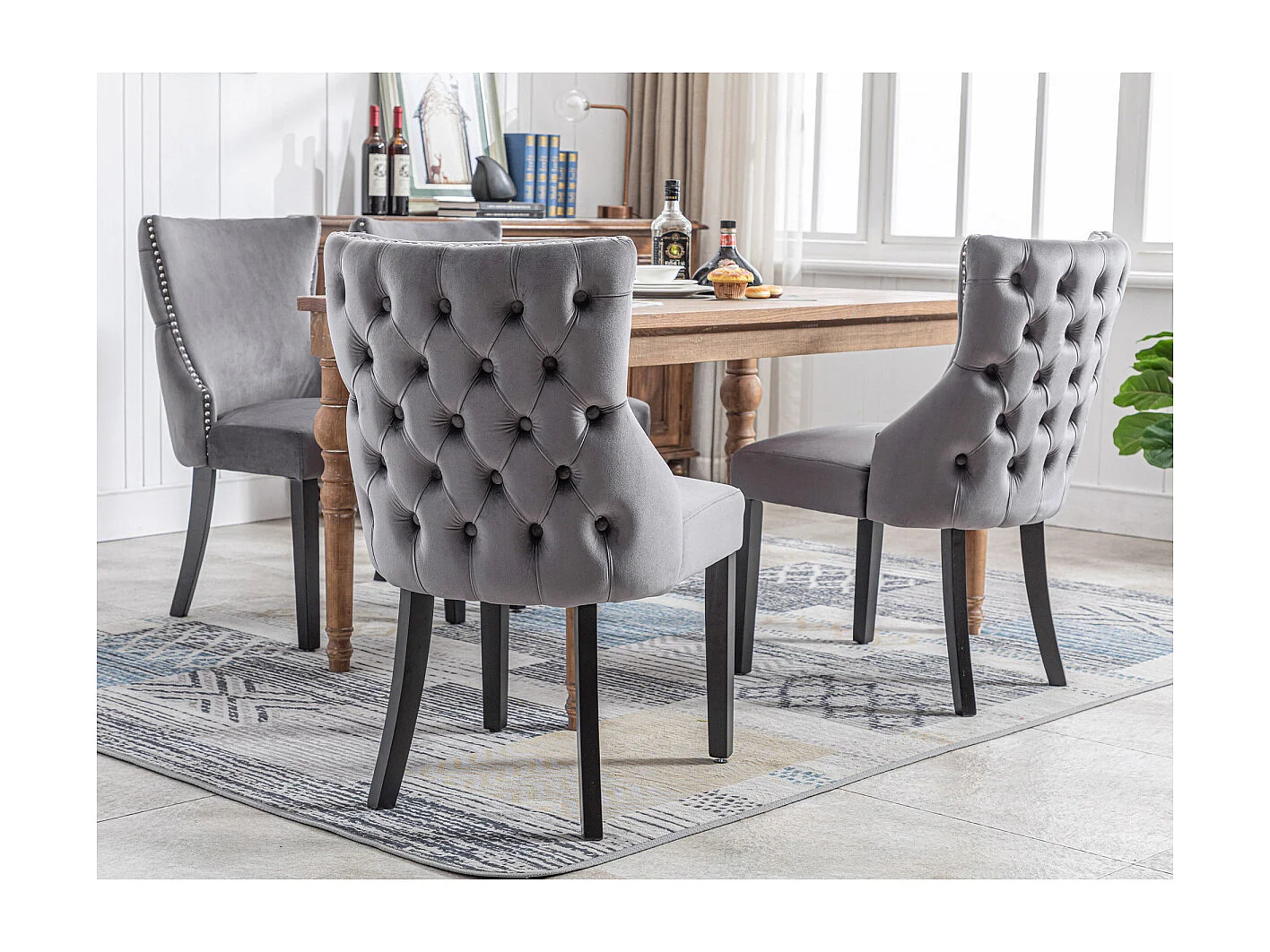 Sedia a 4 piedi, sedia da pranzo in velluto grigio, con bottoni trapuntati, struttura in legno massello, grigio (set da 2)