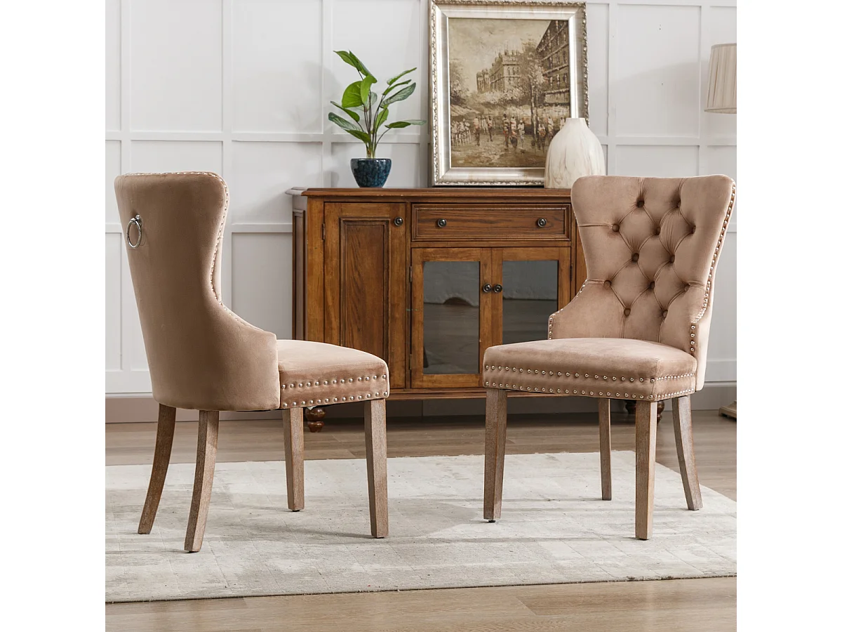 Sillas de comedor tapizadas en terciopelo con respaldo alto (juego de 2) - Marrón