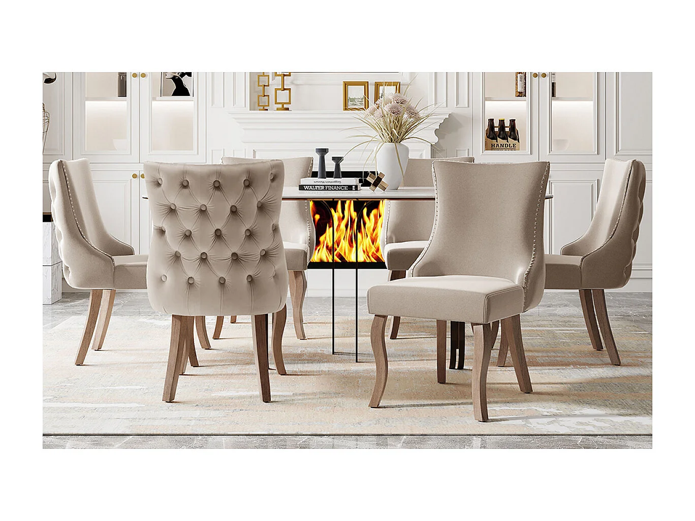 Eetkamerstoelenset van 6, gestoffeerde fluwelen accentstoel met spijkerkopafwerking en massief houten poten, beige.