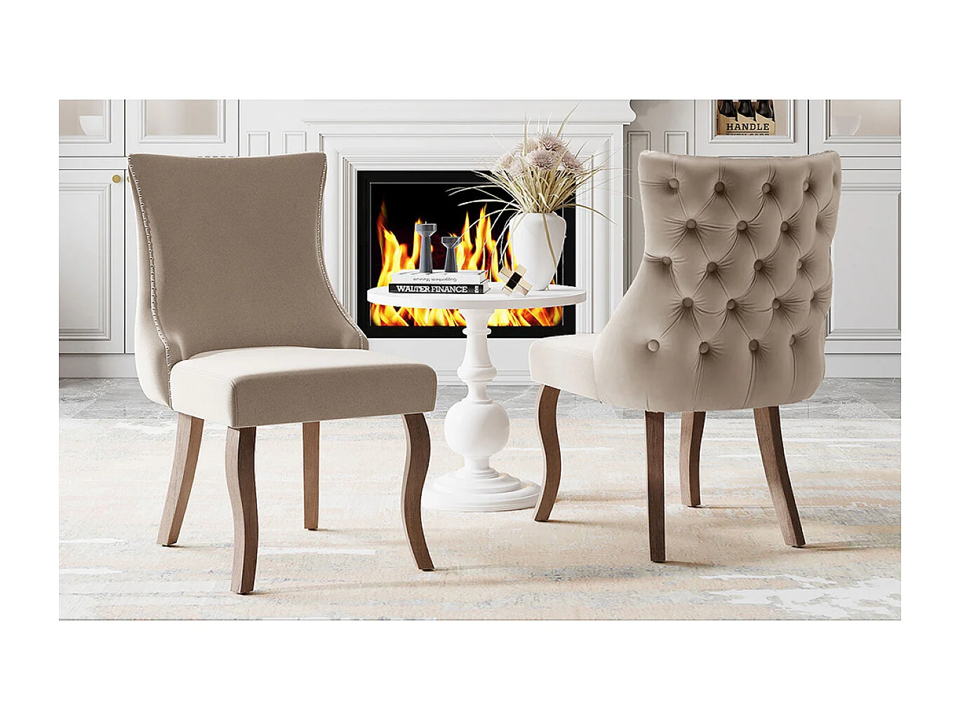 Eetkamerstoelset van 2, gestoffeerde accentstoel met spijkerkopafwerking, fluwelen stof, massief houten poten, beige.