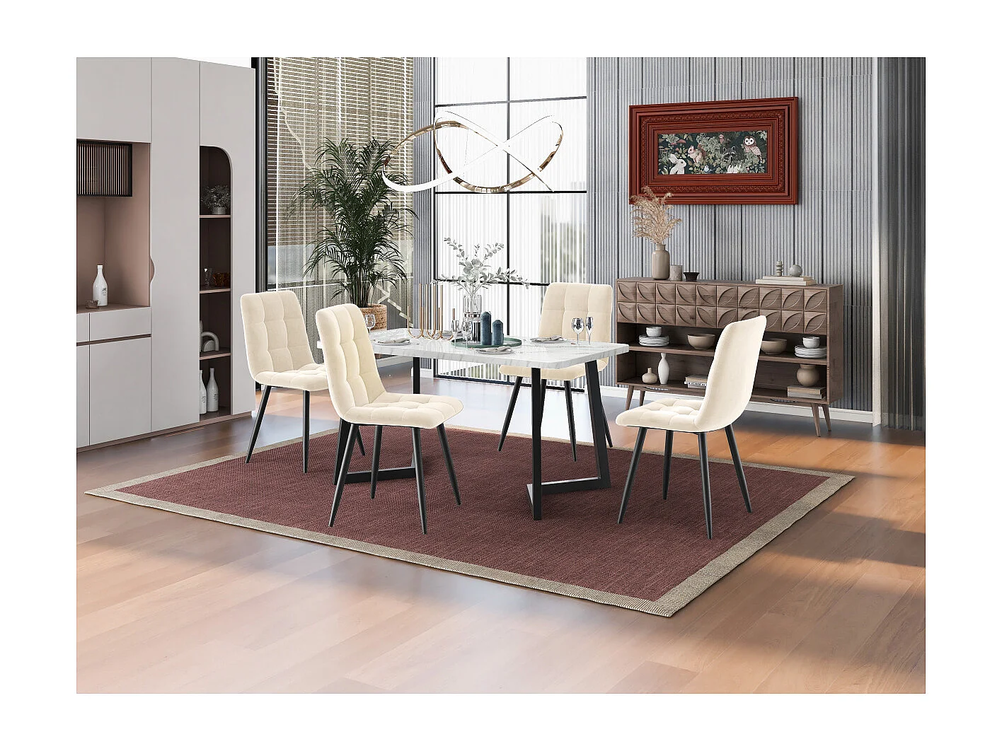 Ensemble de chaises de salle à manger (4 pièces), chaise design rembourrée en velours beige avec dossier et structure en métal.