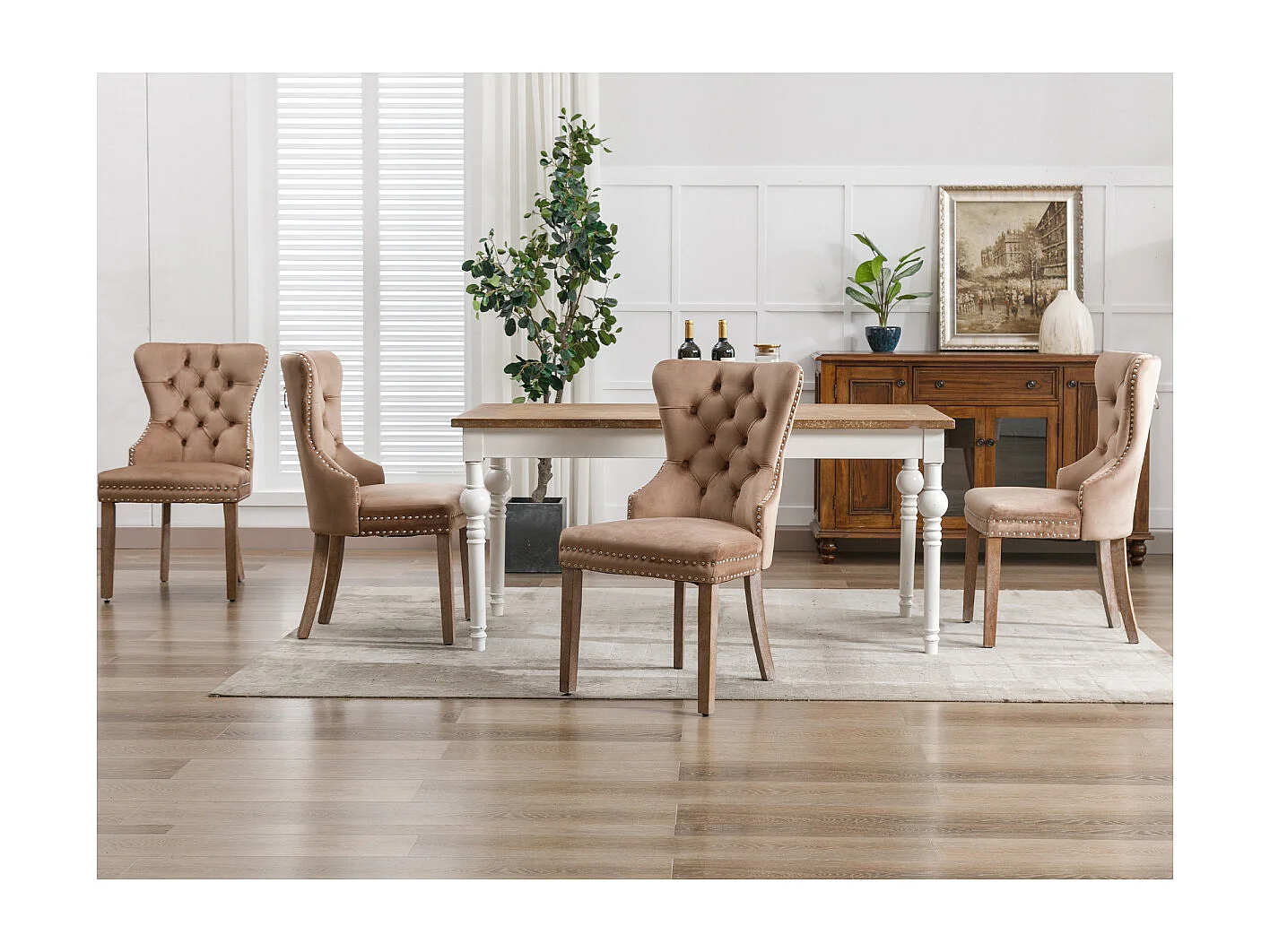 Ensemble de 4 chaises de salle à manger, chaise d'appoint rembourrée en velours avec garniture cloutée et pieds en bois massif, marron.