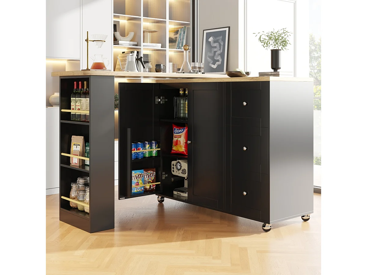 360° draaibare statafel (135-203 cm) op wielen, zwart, met 3 lades en snackhouder.