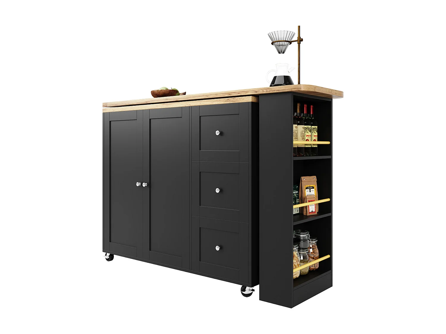 360° draaibare statafel (135-203 cm) op wielen, zwart, met 3 lades en snackhouder.