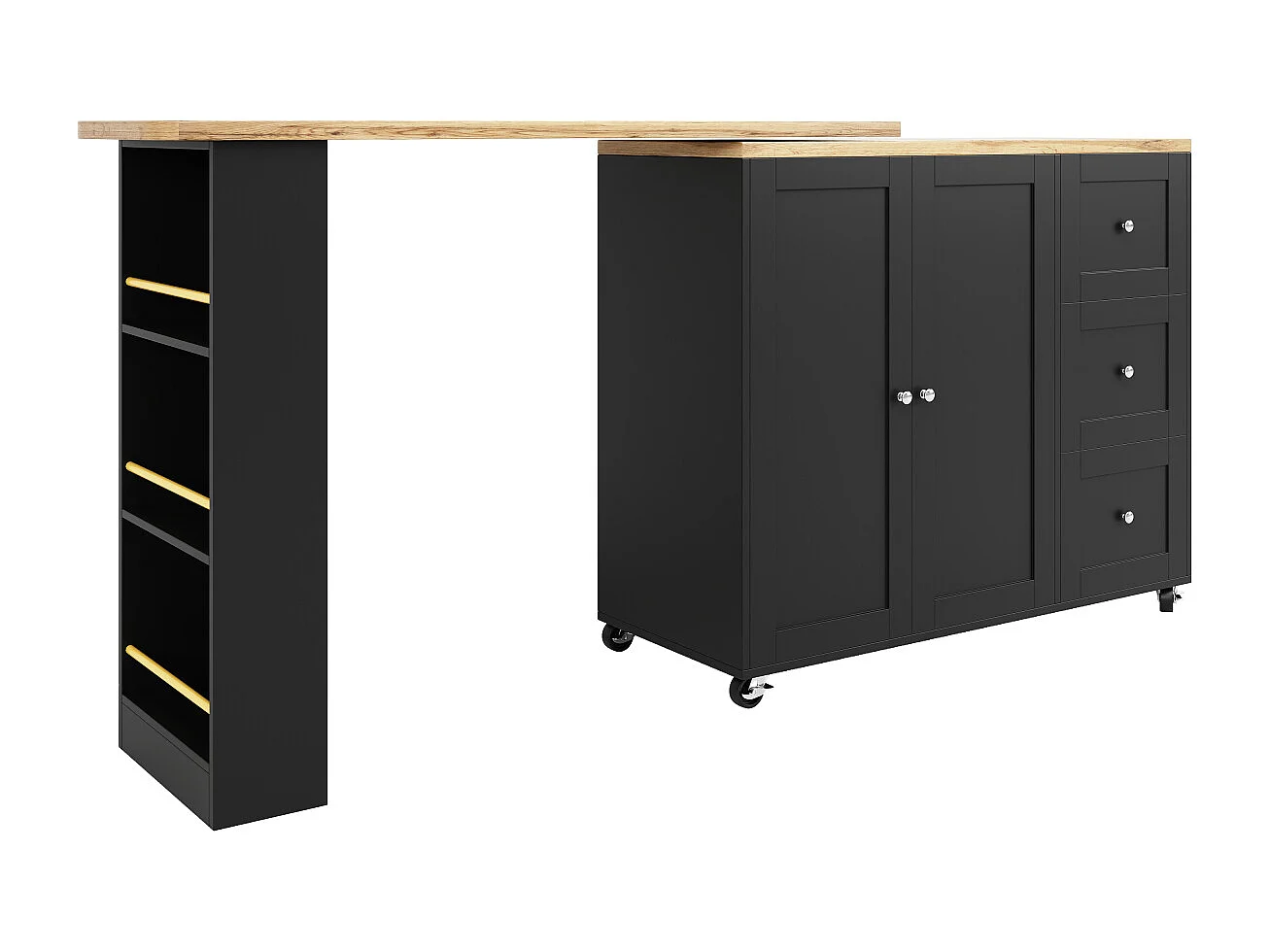 360° draaibare statafel (135-203 cm) op wielen, zwart, met 3 lades en snackhouder.