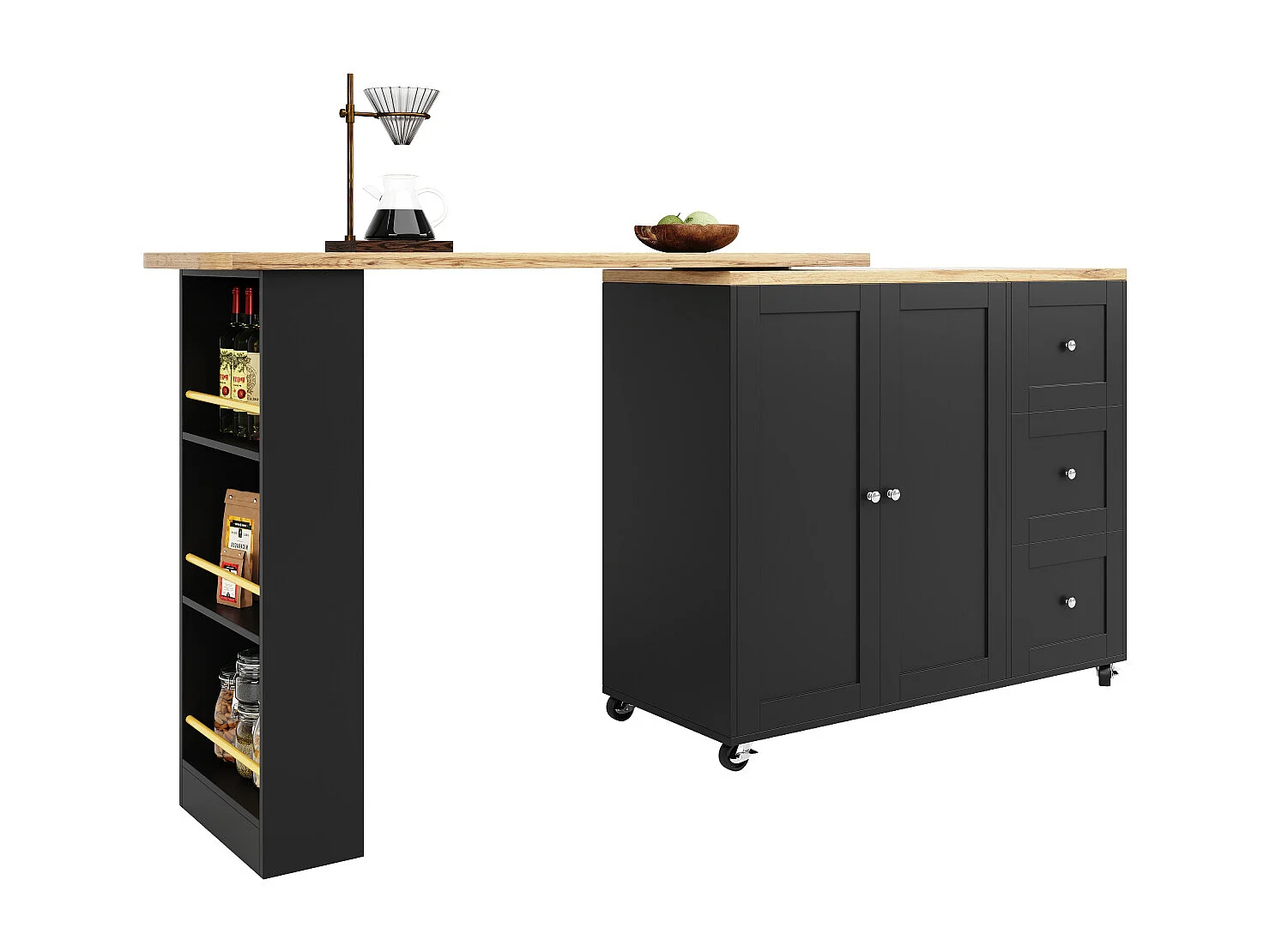 360° draaibare statafel (135-203 cm) op wielen, zwart, met 3 lades en snackhouder.