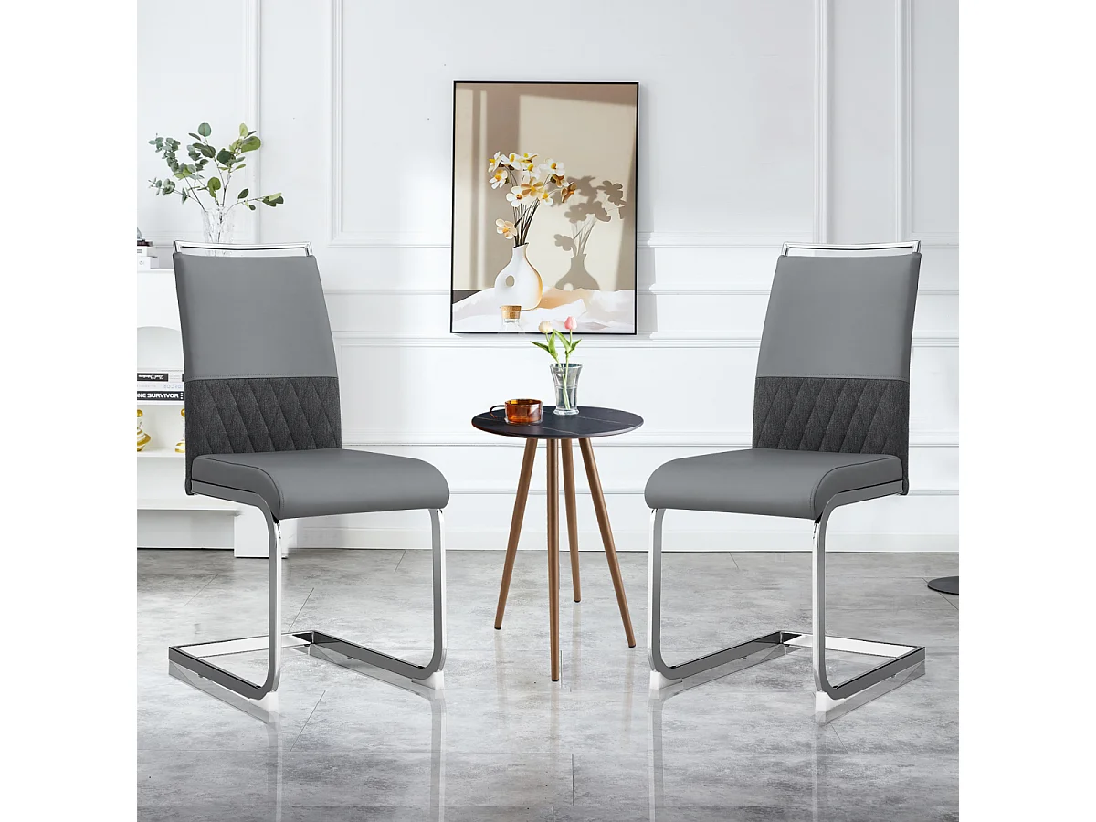 Moderne eetkamerstoelen set van 2, PU-leren stoel met hoge rugleuning, grijs