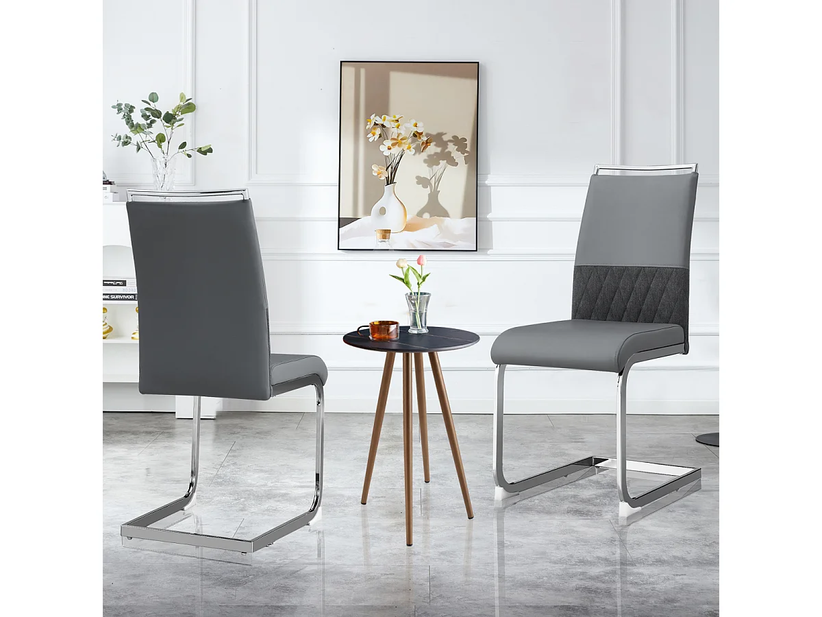 Moderne eetkamerstoelen set van 2, PU-leren stoel met hoge rugleuning, grijs