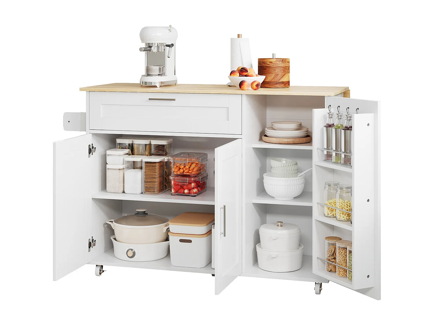 Table de cuisine mobile 132,5 x 44 x 90 cm, pliable, en chêne, meuble multifonctionnel, 5 roulettes