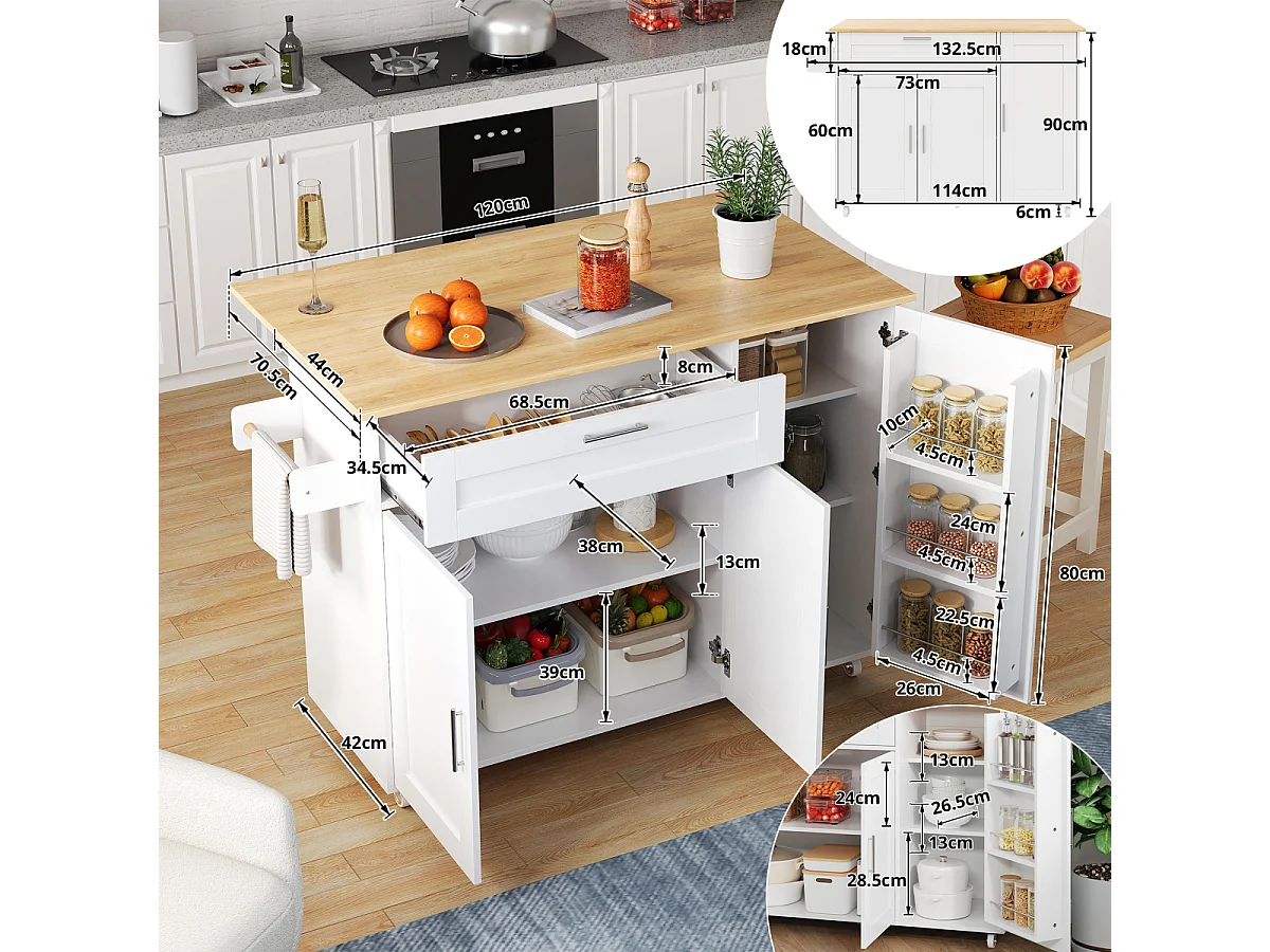 Table de cuisine mobile 132,5 x 44 x 90 cm, pliable, en chêne, meuble multifonctionnel, 5 roulettes