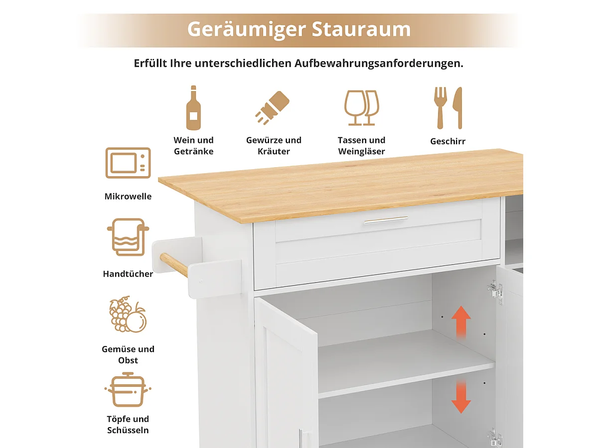 Table de cuisine mobile 132,5 x 44 x 90 cm, pliable, en chêne, meuble multifonctionnel, 5 roulettes