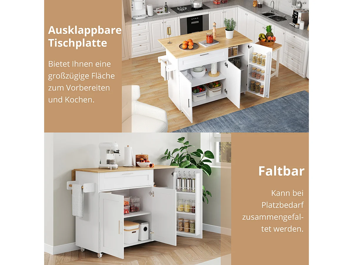 Table de cuisine mobile 132,5 x 44 x 90 cm, pliable, en chêne, meuble multifonctionnel, 5 roulettes