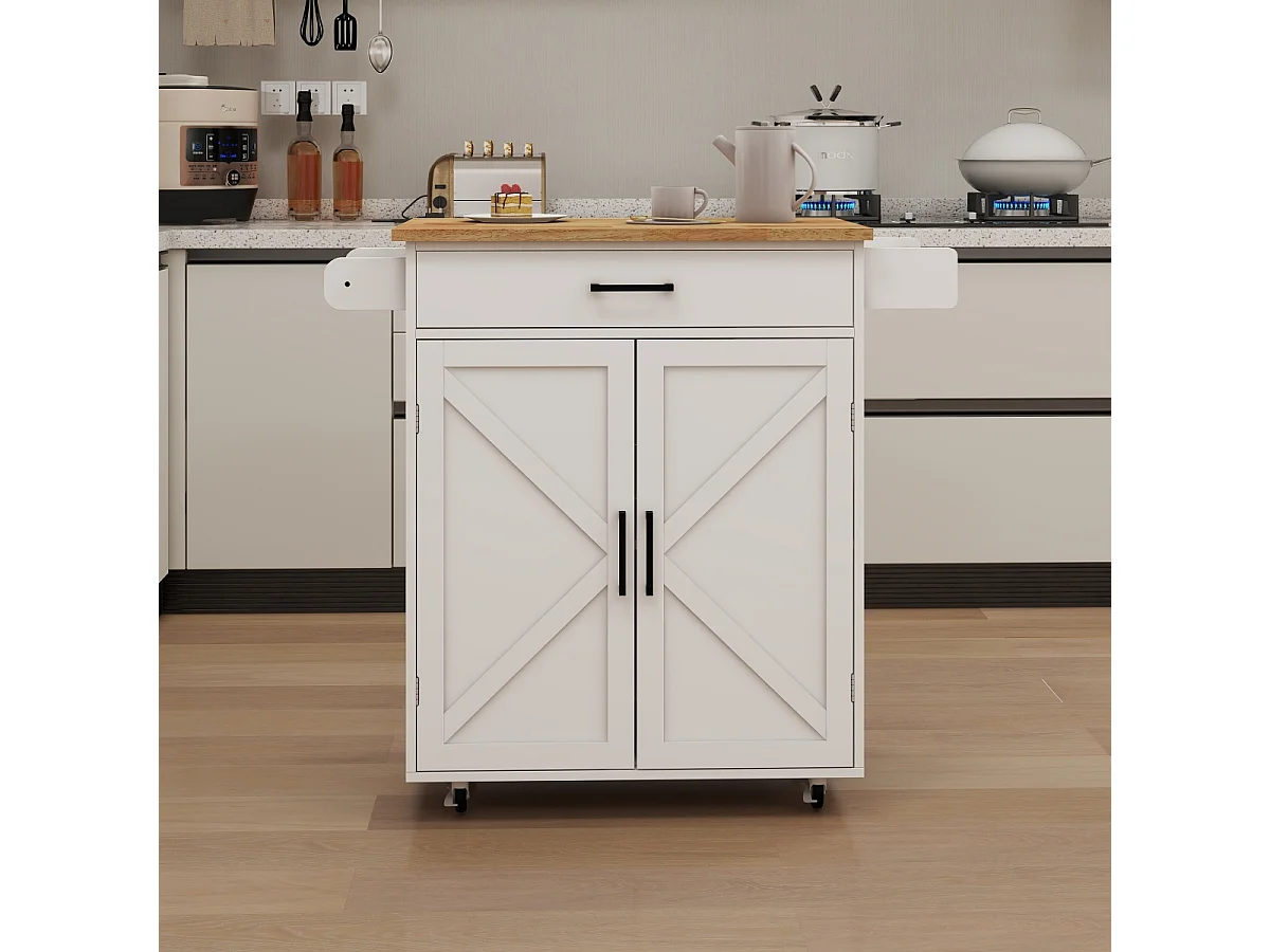 Chariot de cuisine avec étagères réglables, porte-serviettes et porte-épices, blanc