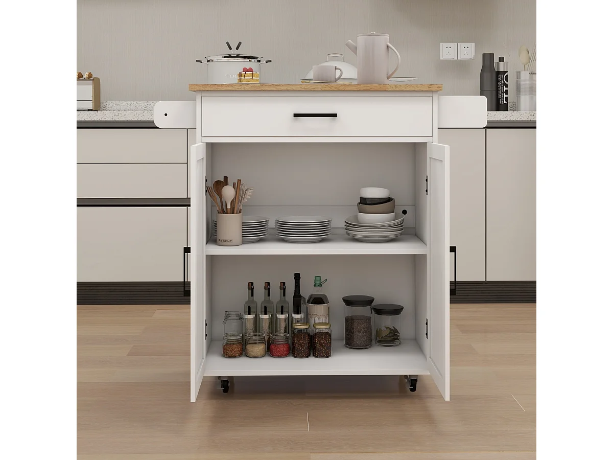 Chariot de cuisine avec étagères réglables, porte-serviettes et porte-épices, blanc