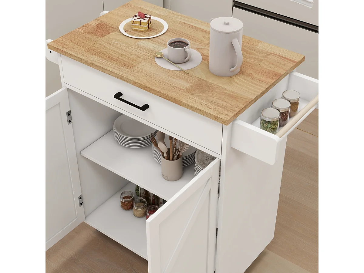 Chariot de cuisine avec étagères réglables, porte-serviettes et porte-épices, blanc