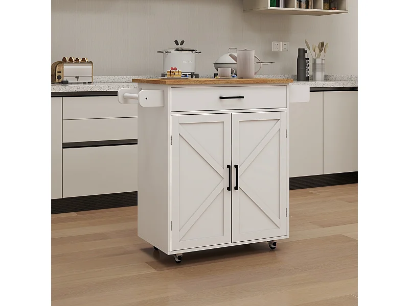 Chariot de cuisine avec étagères réglables, porte-serviettes et porte-épices, blanc