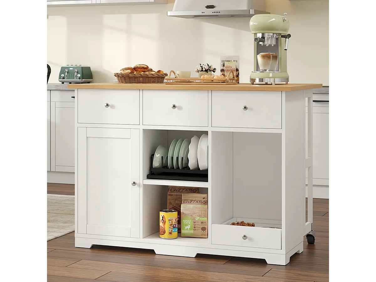 Chariot de cuisine avec tiroir et espace pour animaux, 120 x 70 x 90 cm, blanc