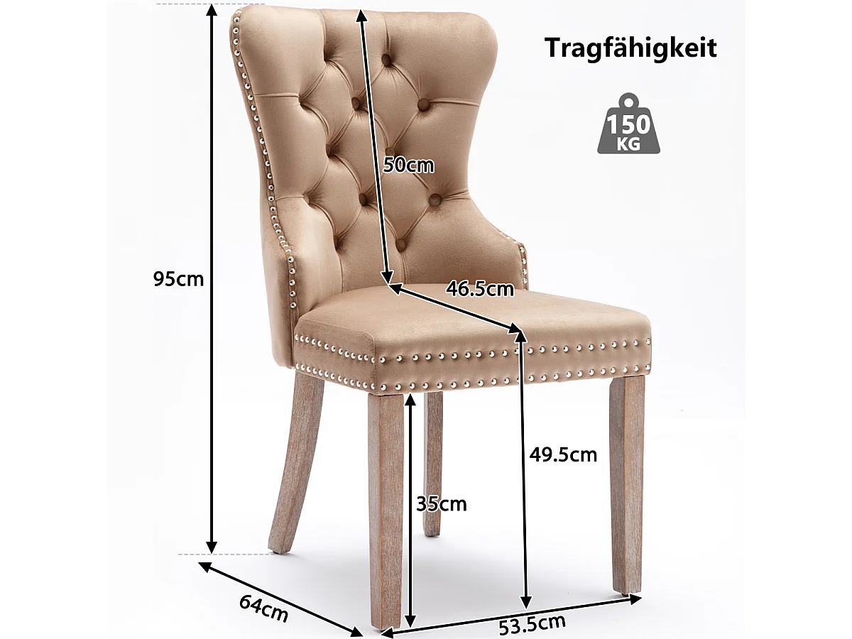 Eetkamerstoelenset van 6, gestoffeerde fluwelen accentstoel met spijkerkopafwerking en massief houten poten, bruin.