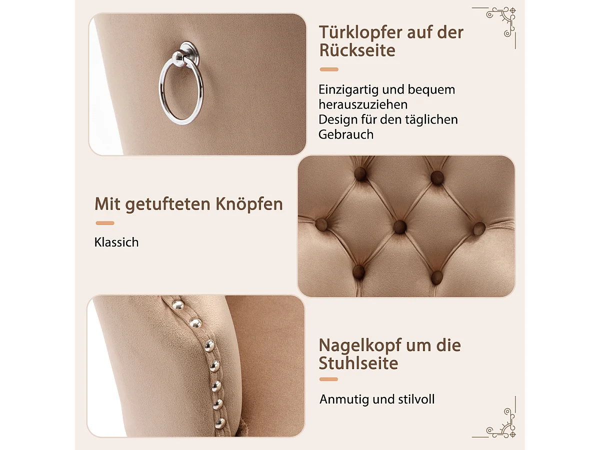 Eetkamerstoelenset van 6, gestoffeerde fluwelen accentstoel met spijkerkopafwerking en massief houten poten, bruin.