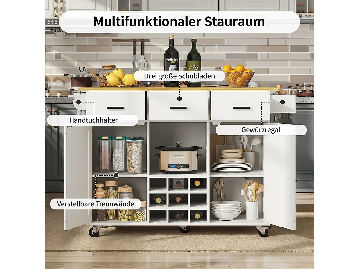 Chariot de cuisine avec plan de travail, porte-serviettes, porte-épices, blanc