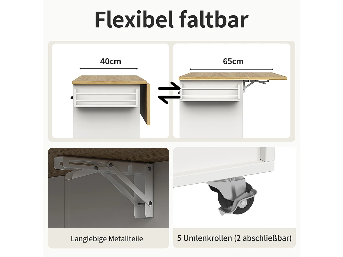 Chariot de cuisine avec plan de travail, porte-serviettes, porte-épices, blanc
