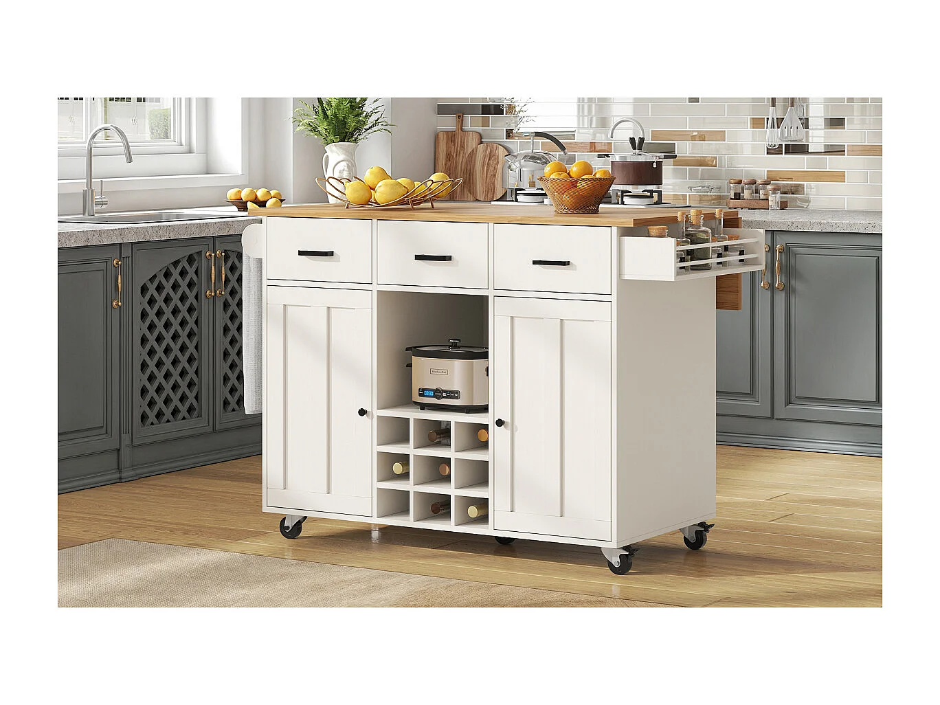 Chariot de cuisine avec plan de travail, porte-serviettes, porte-épices, blanc