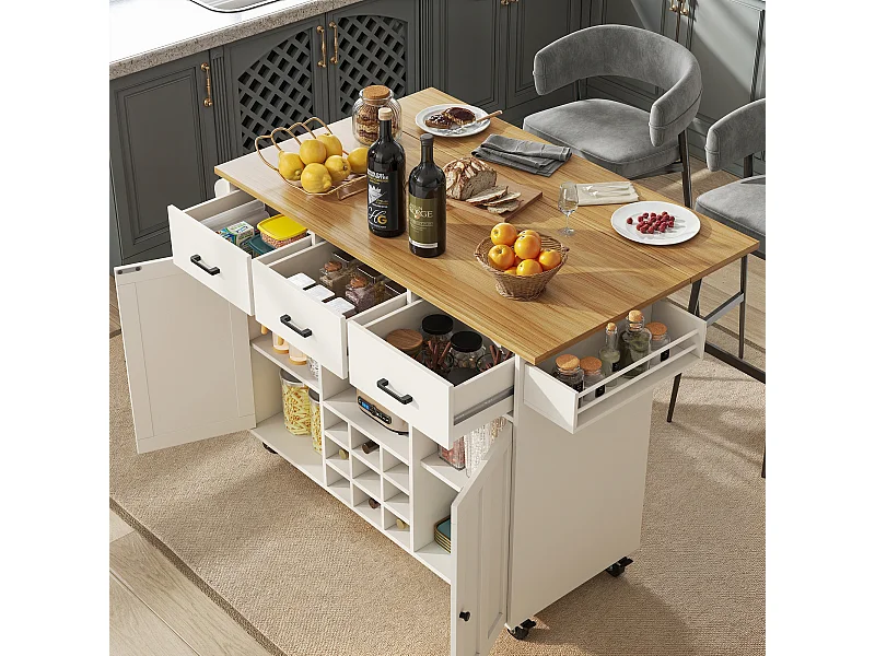 Chariot de cuisine avec plan de travail, porte-serviettes, porte-épices, blanc
