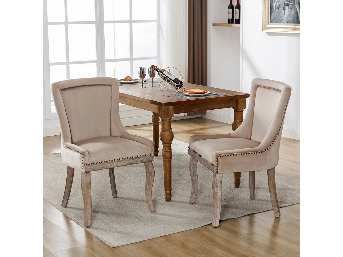 Set di 2 sedie da pranzo di lusso, sedia imbottita in velluto con gambe in legno massello, beige