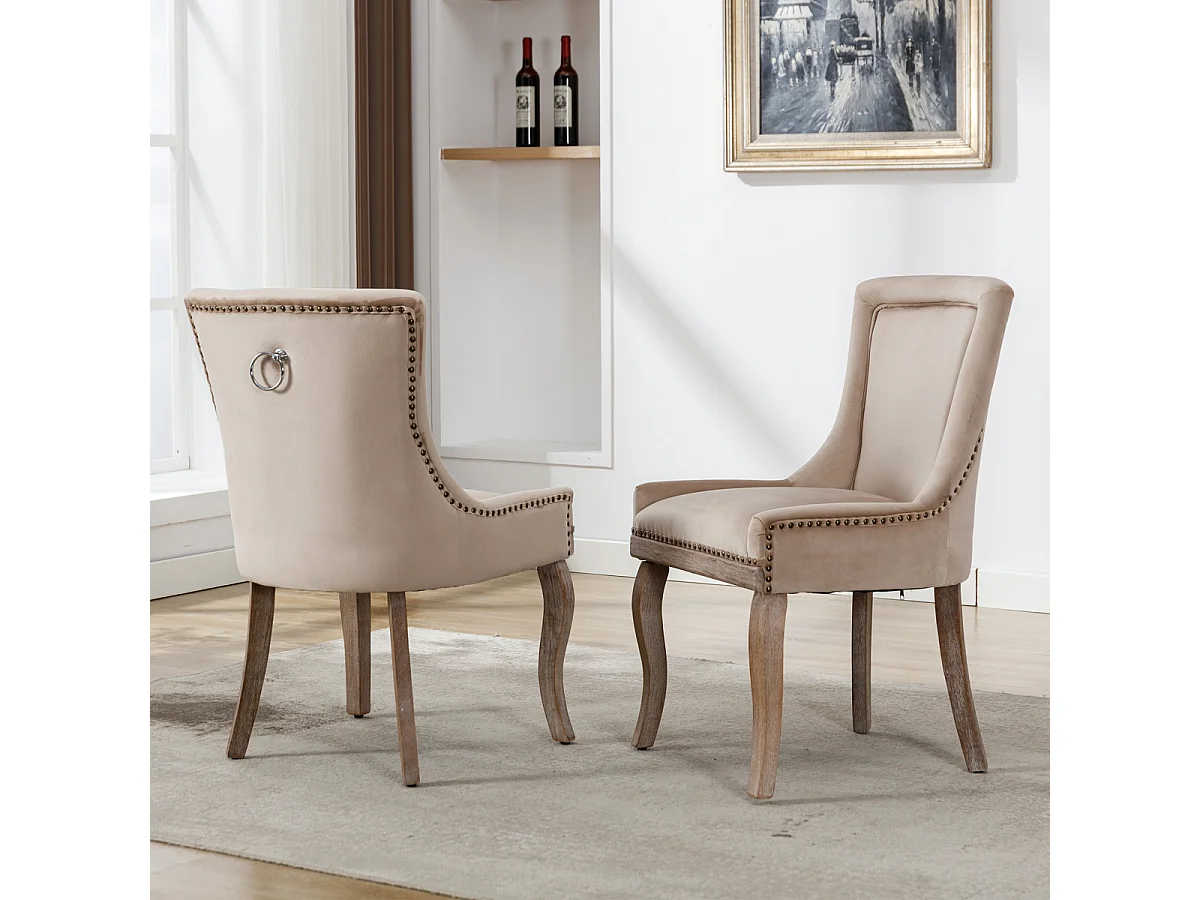 Set di 2 sedie da pranzo di lusso, sedia imbottita in velluto con gambe in legno massello, beige