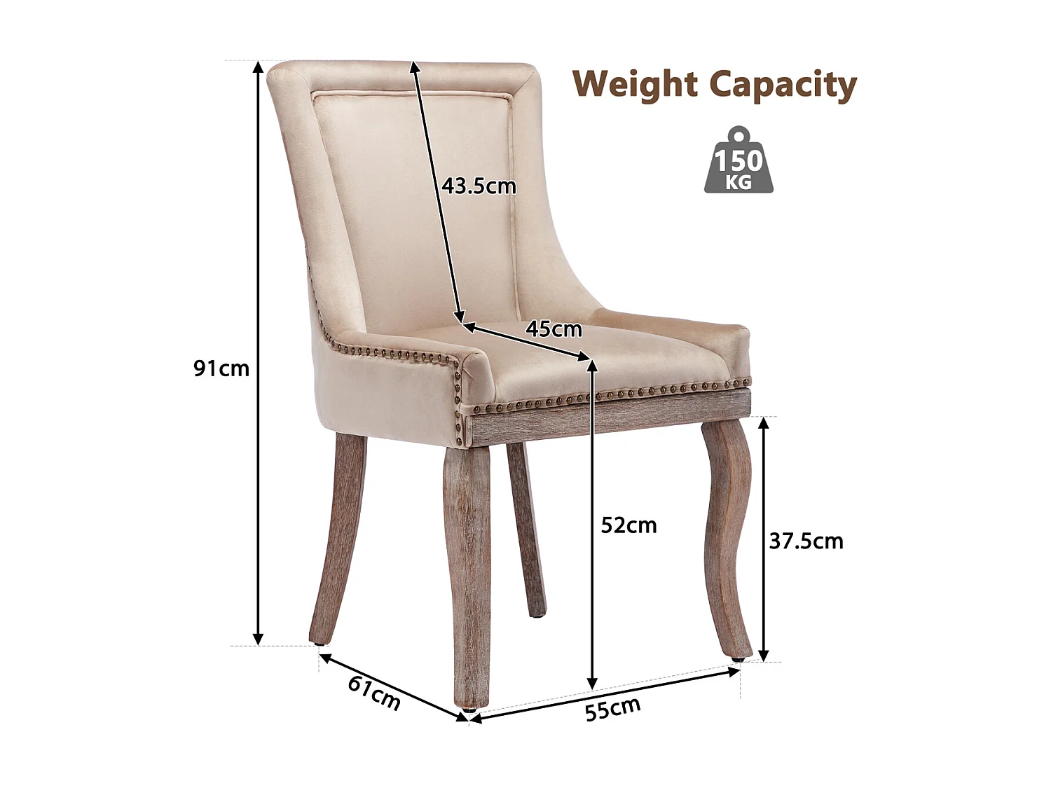 Set di 2 sedie da pranzo di lusso, sedia imbottita in velluto con gambe in legno massello, beige