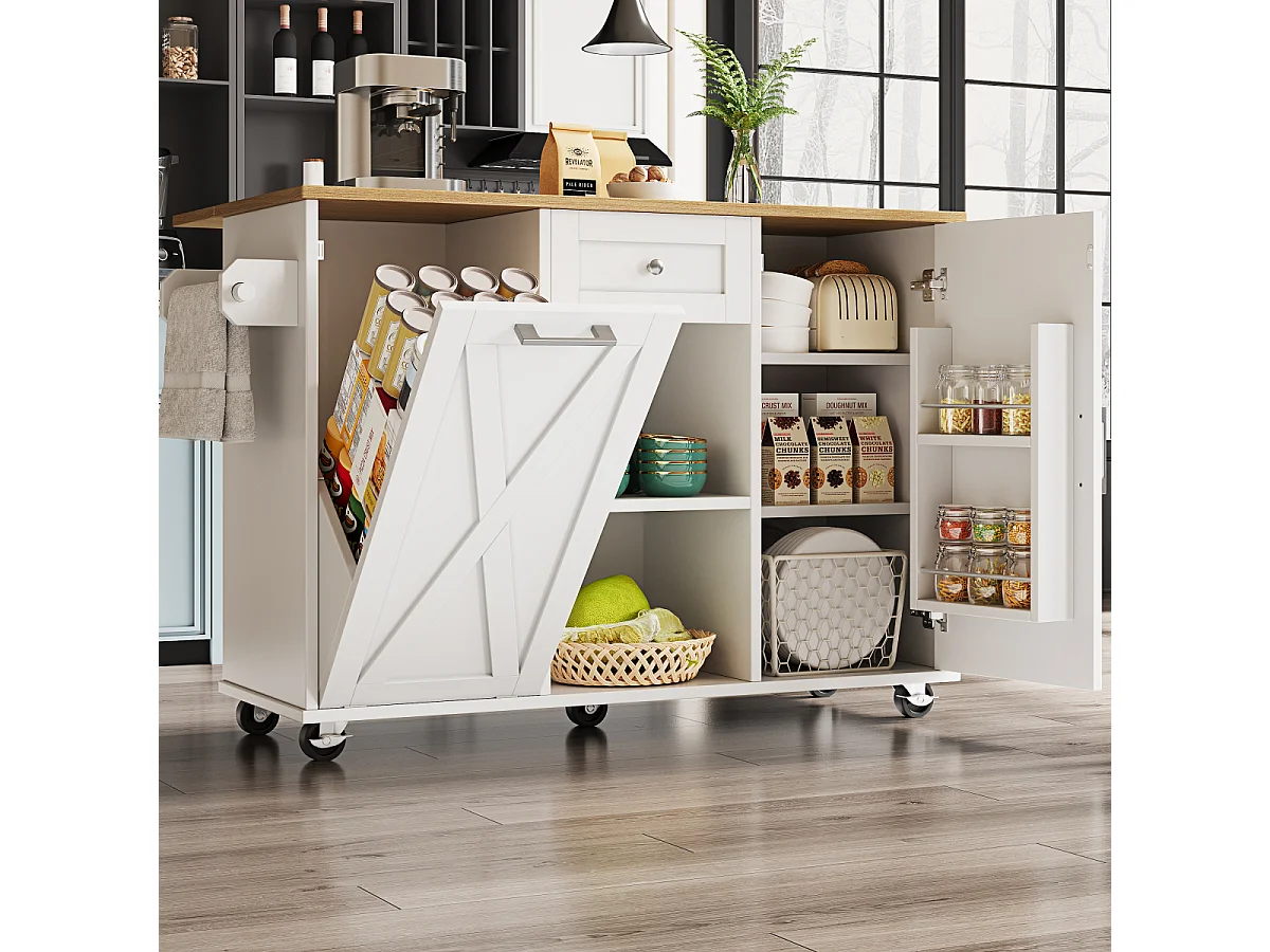 Îlot de cuisine moderne avec espace de rangement et fonction table à manger, blanc