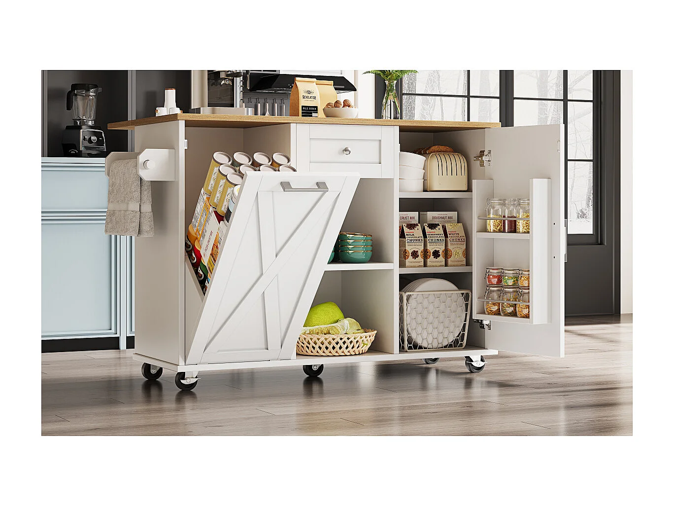 Îlot de cuisine moderne avec espace de rangement et fonction table à manger, blanc