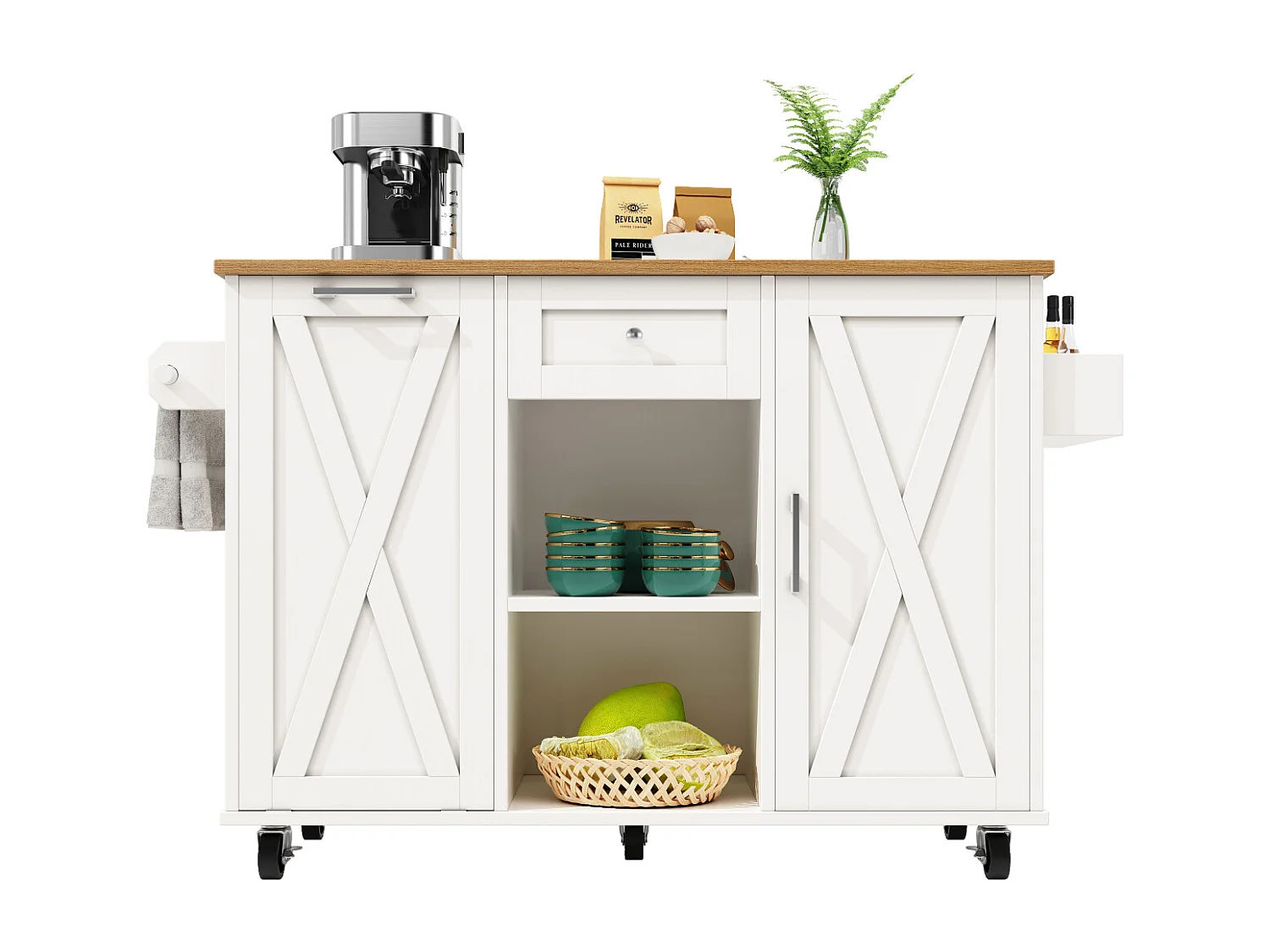 Îlot de cuisine moderne avec espace de rangement et fonction table à manger, blanc