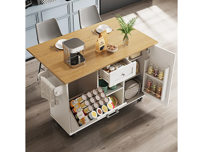 Îlot de cuisine moderne avec espace de rangement et fonction table à manger, blanc