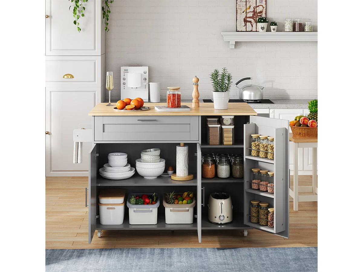 Tavolo da cucina mobile L132,5*W44(70)*H90cm, pieghevole, rovere, multifunzionale, 5 ruote