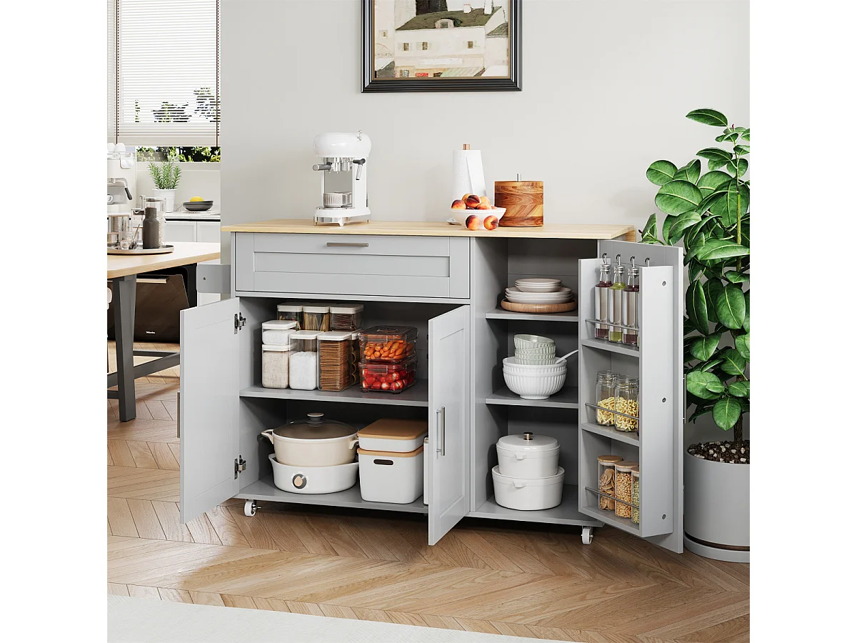 Tavolo da cucina mobile L132,5*W44(70)*H90cm, pieghevole, rovere, multifunzionale, 5 ruote