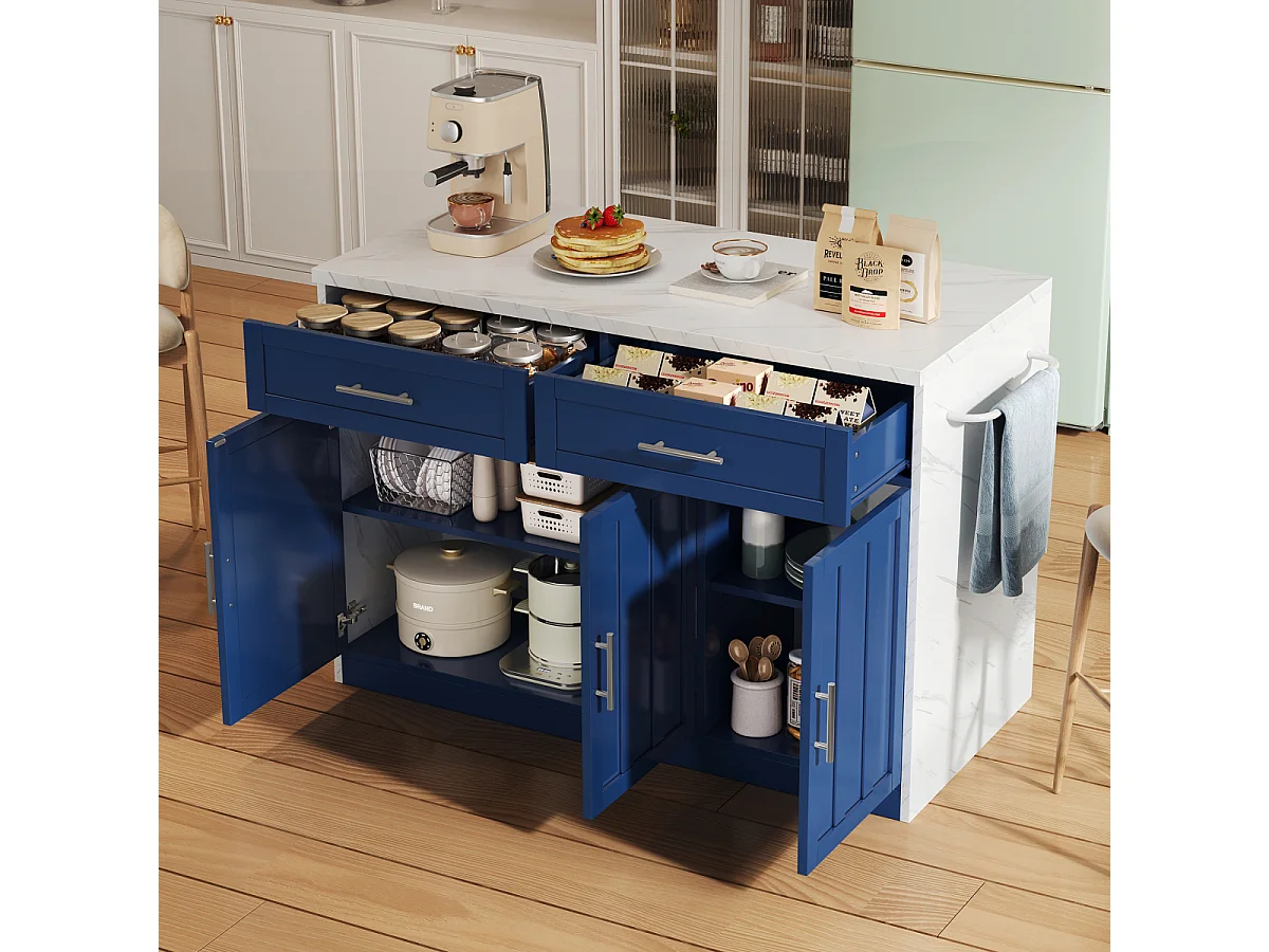 Ilha de cozinha com tomadas elétricas, portas USB, prateleiras ajustáveis e função de bar.