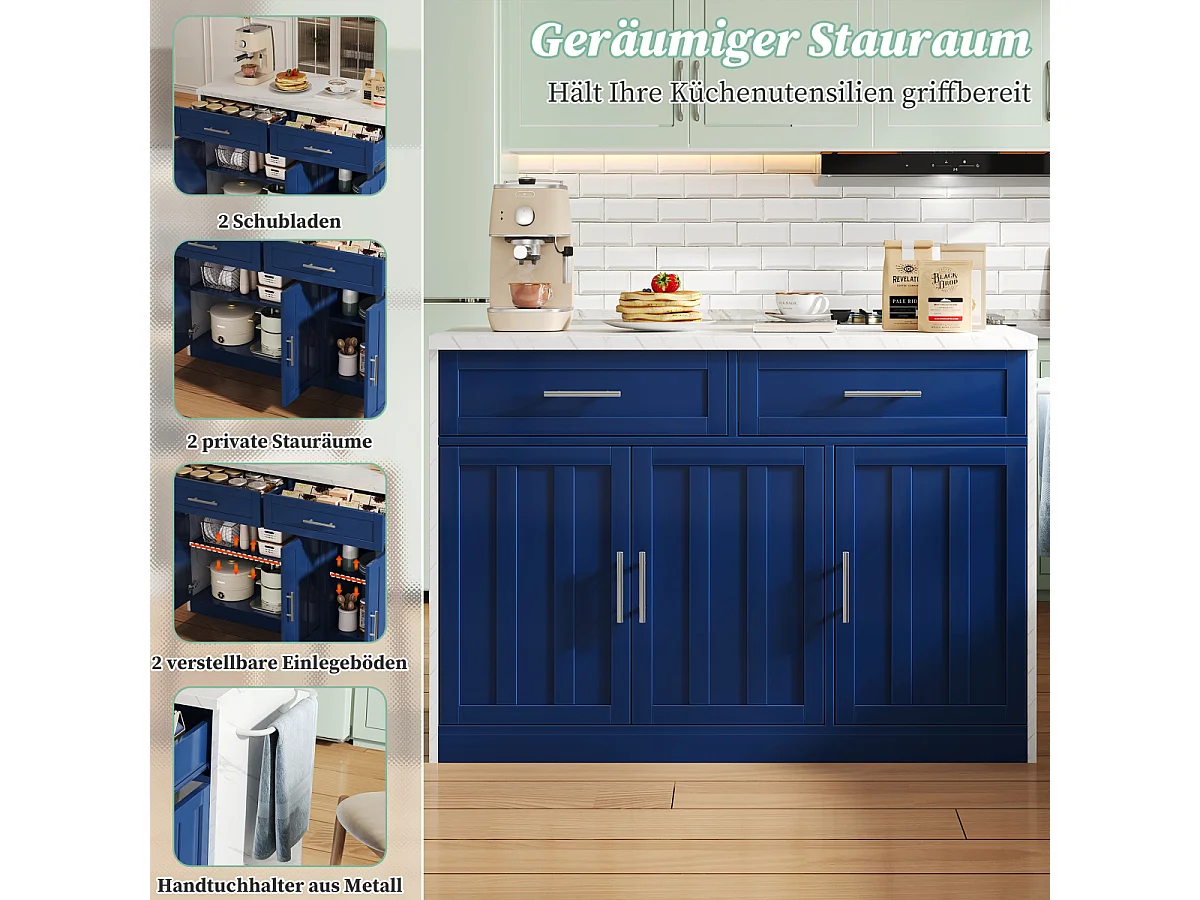 Ilha de cozinha com tomadas elétricas, portas USB, prateleiras ajustáveis e função de bar.