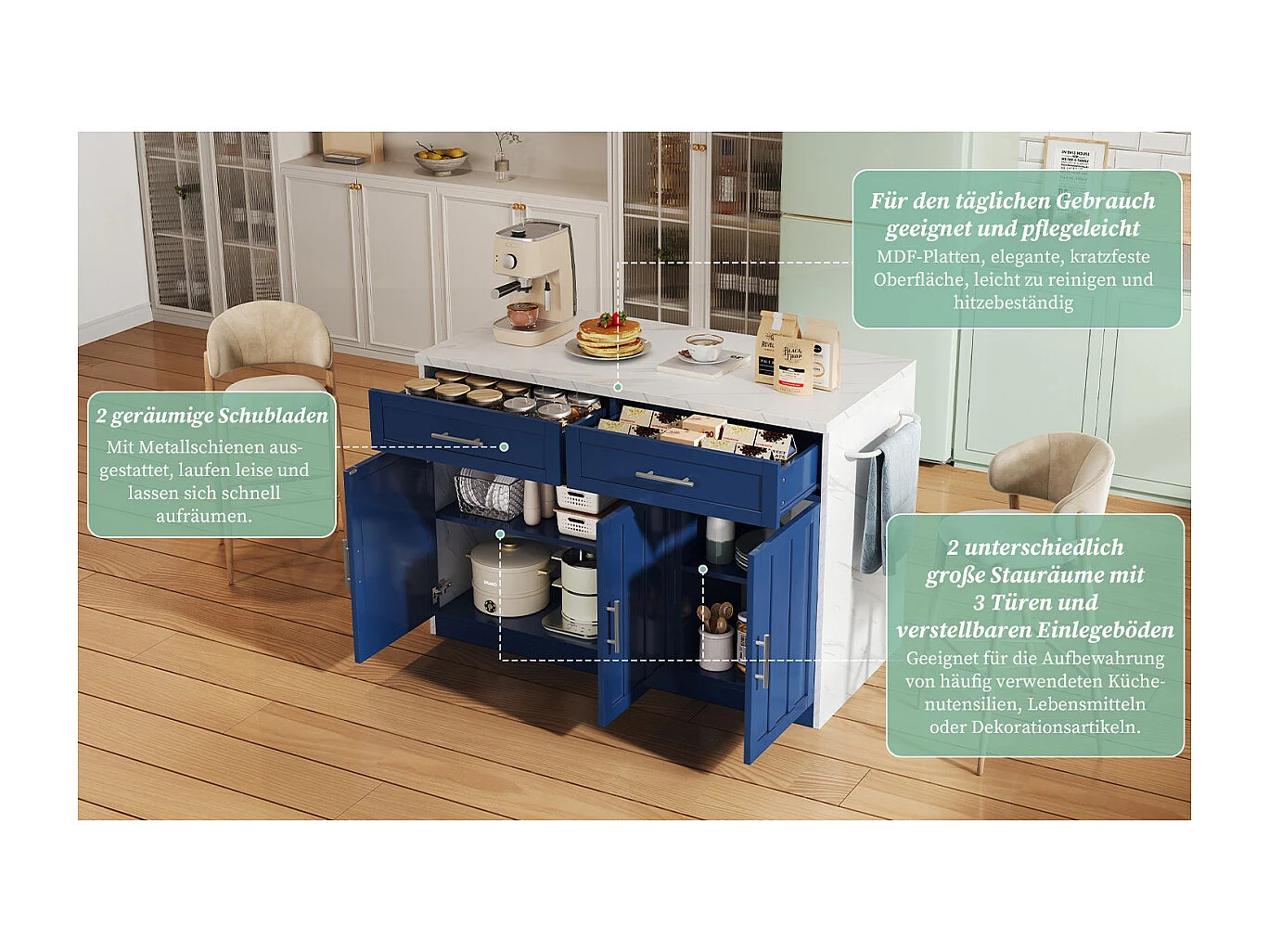 Ilha de cozinha com tomadas elétricas, portas USB, prateleiras ajustáveis e função de bar.