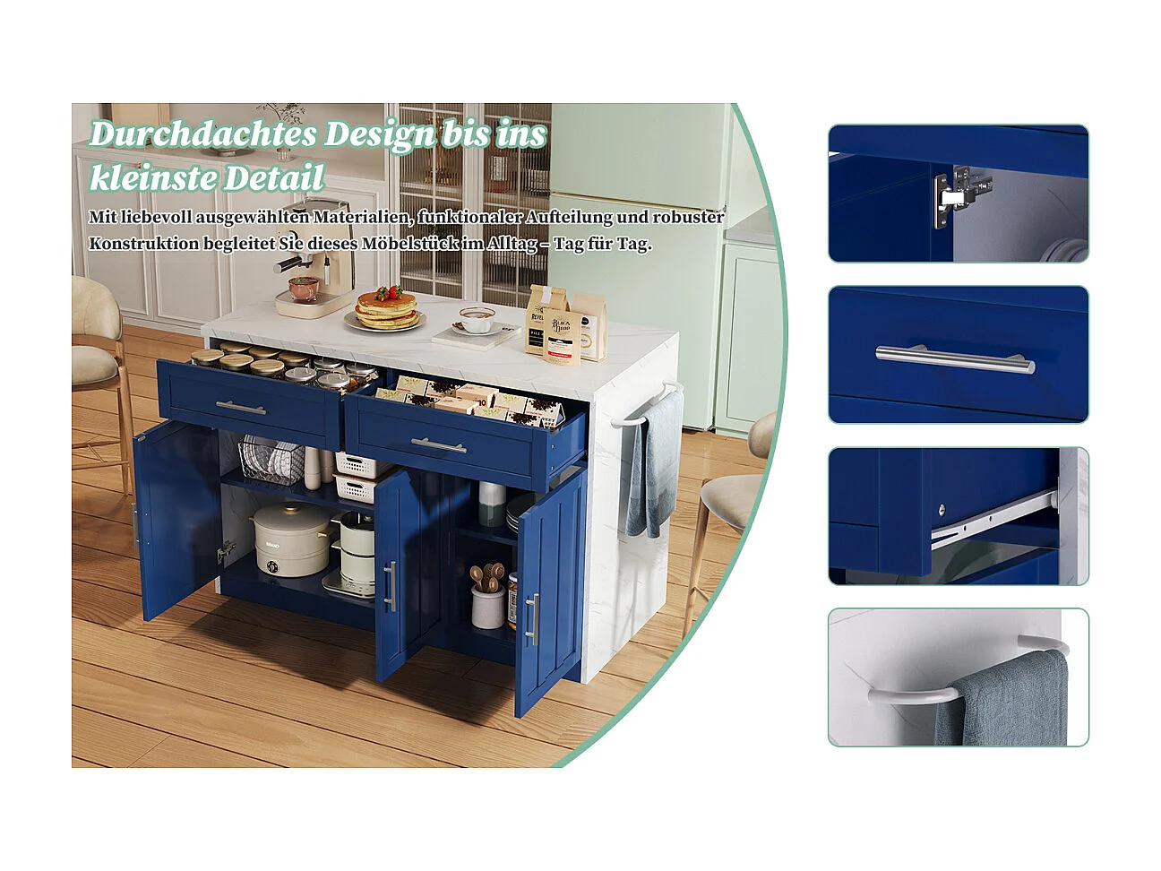 Ilha de cozinha com tomadas elétricas, portas USB, prateleiras ajustáveis e função de bar.