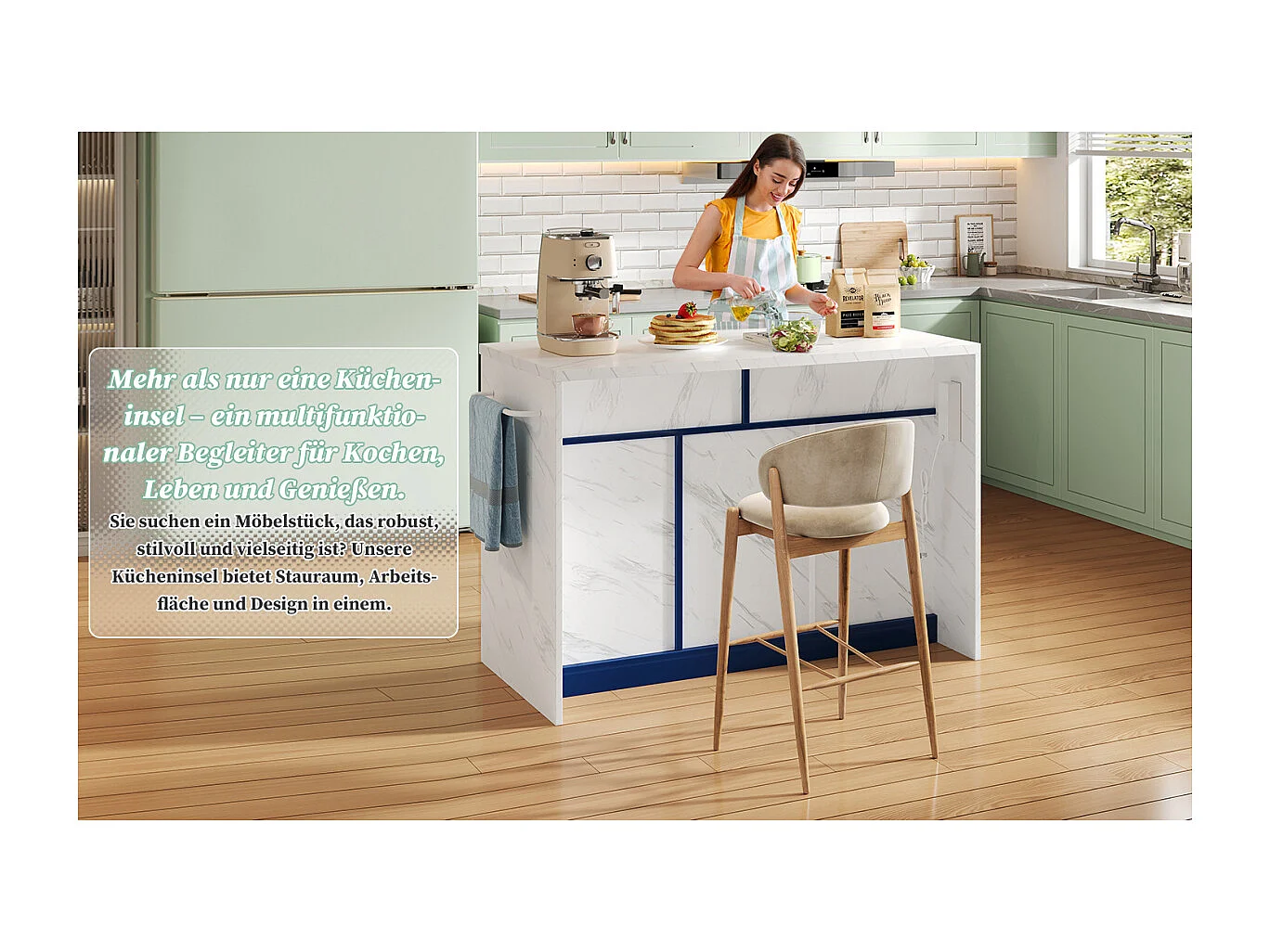 Ilha de cozinha com tomadas elétricas, portas USB, prateleiras ajustáveis e função de bar.