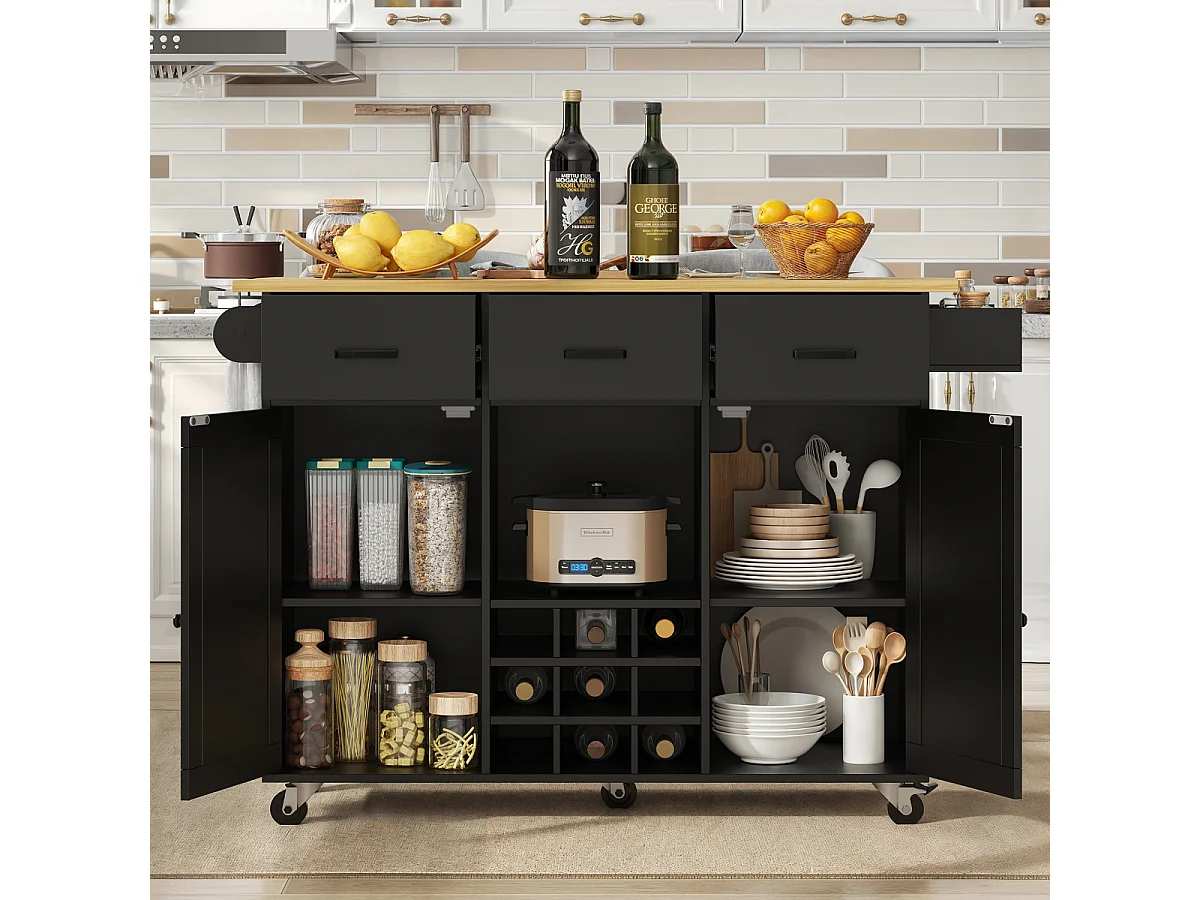 Keukentrolley met werkblad, handdoekrek, kruidenrek, zwart