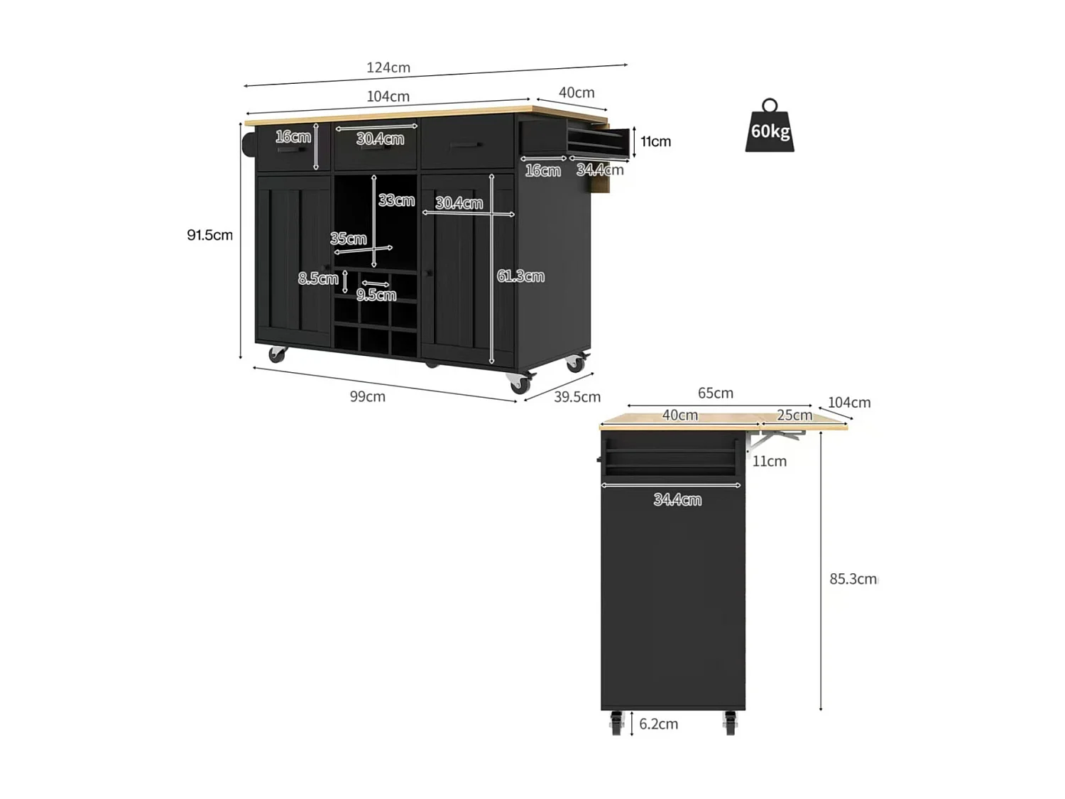 Keukentrolley met werkblad, handdoekrek, kruidenrek, zwart