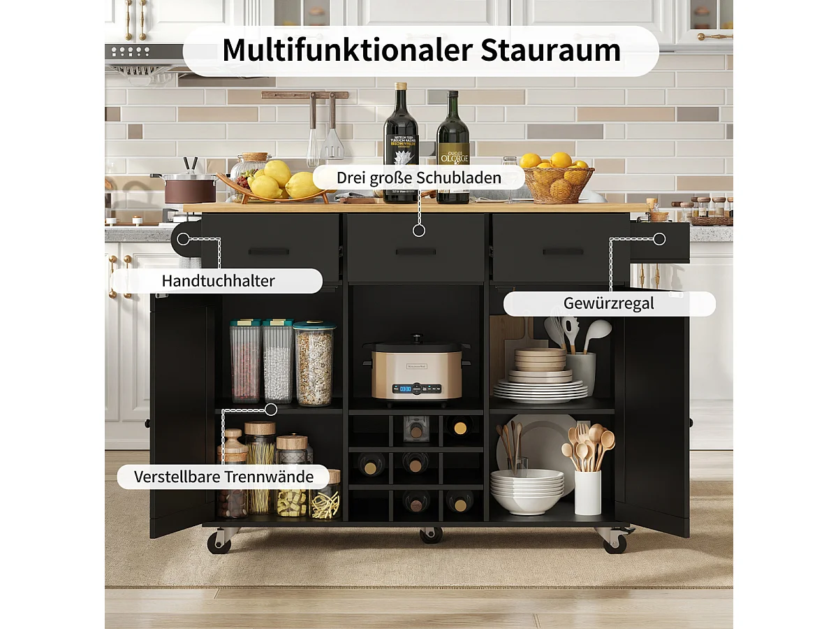 Keukentrolley met werkblad, handdoekrek, kruidenrek, zwart