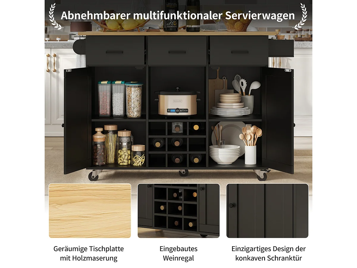 Keukentrolley met werkblad, handdoekrek, kruidenrek, zwart