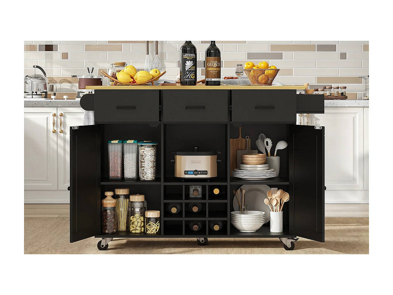Keukentrolley met werkblad, handdoekrek, kruidenrek, zwart