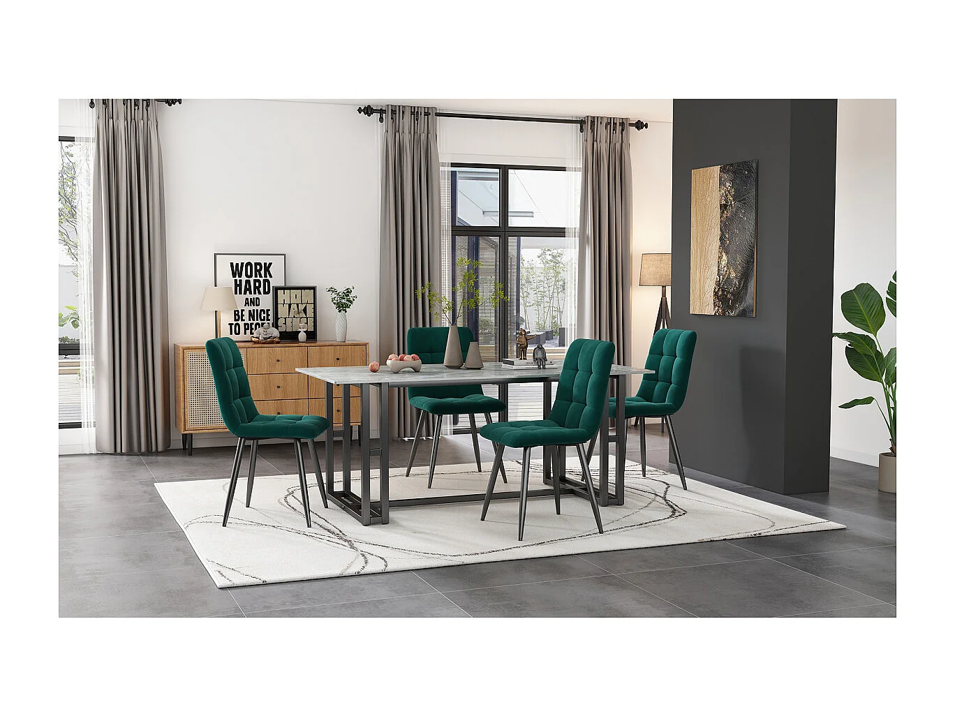 Chaises de salle à manger rembourrées en velours vert foncé avec dossier (lot de 4)