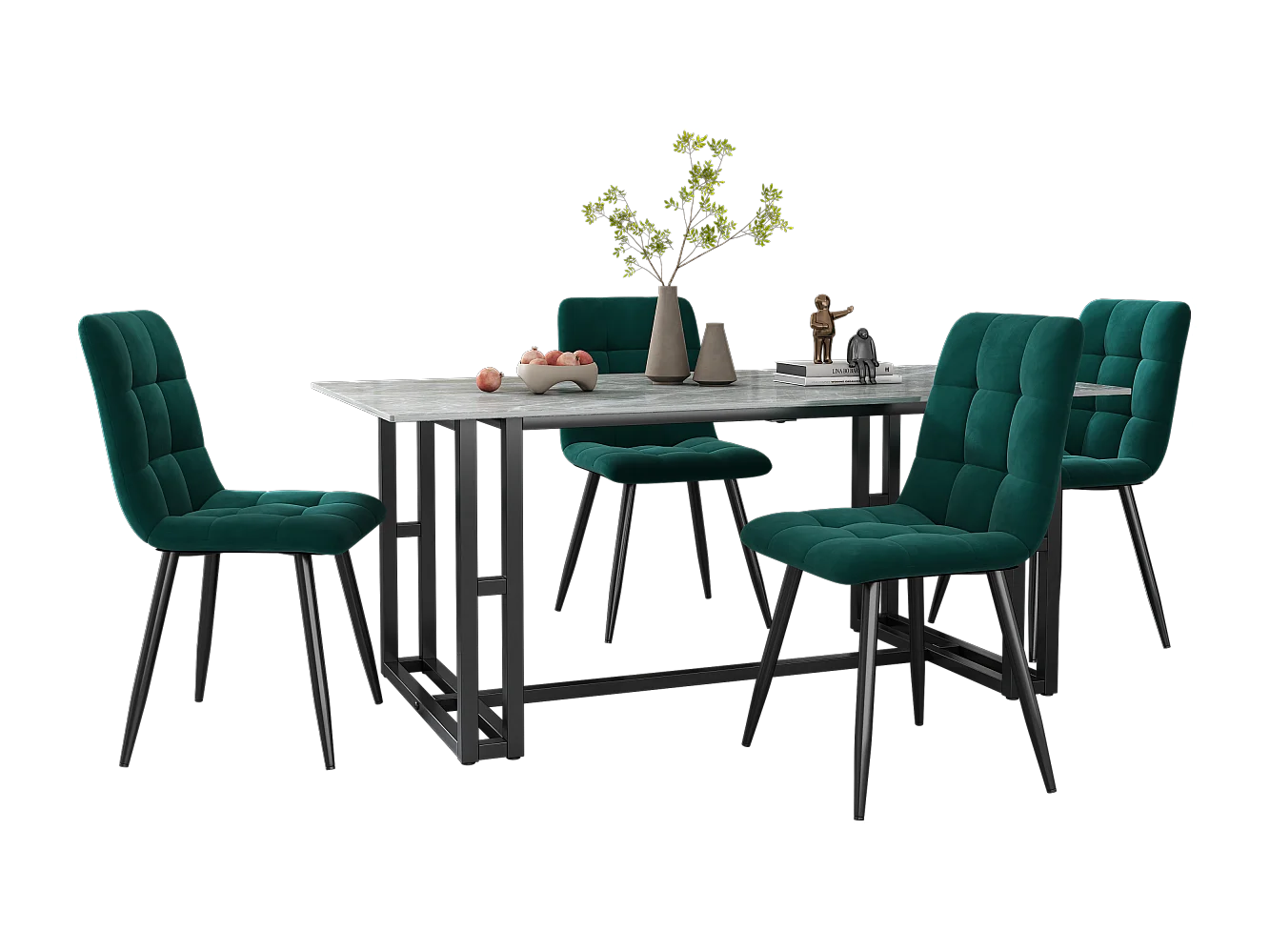 Chaises de salle à manger rembourrées en velours vert foncé avec dossier (lot de 4)