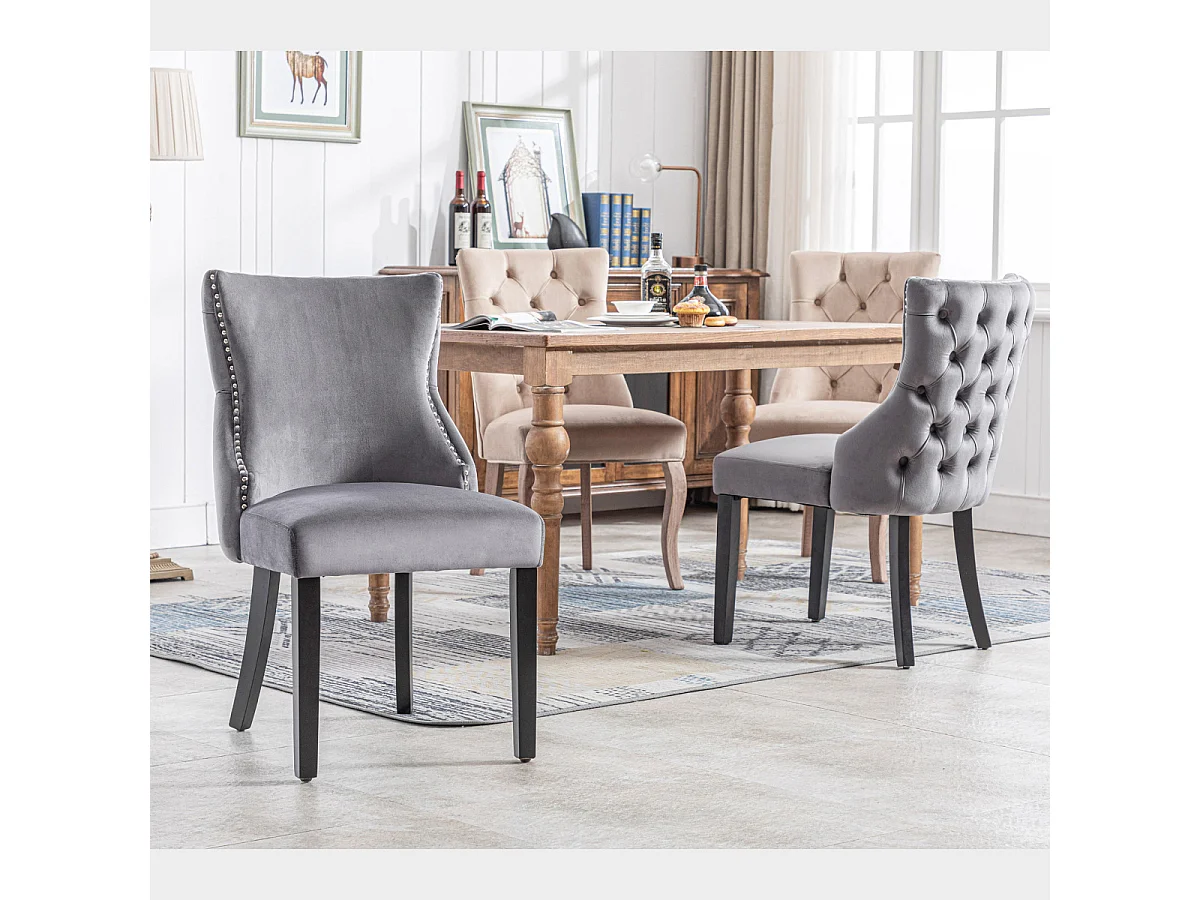 Silla de comedor de 1,2 m de terciopelo gris con botones capitoné y estructura de madera maciza, color gris (juego de 4)